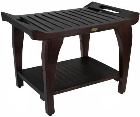 DecoTeak Tranquility 30 Inch Extended Height Brown Waterproof Teak Wood Shower Bench Stool Seat Chair for Inside Shower Storage Shelf Provides Safety Storage and Organization for Bathroom Accessories