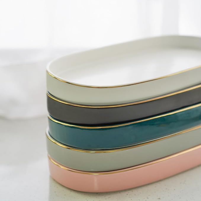 10x5 Bathroom Vanity Tray, Oval Ceramic Decorative Perfume Candle Tray for Bathroom/Kitchen Counter, Grey