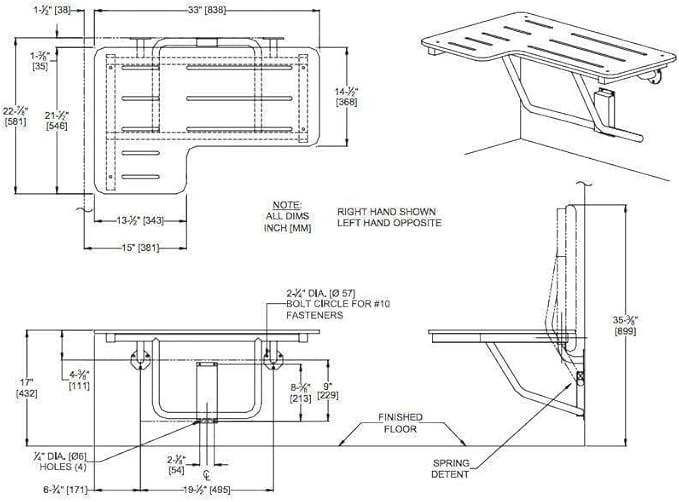 Heavy Duty Folding Shower Seat – Wall-Mounted ADA-Compliant Commercial Bath Seat – Phenolic, Space-Saving, Slip-Resistant, Left Hand Installation