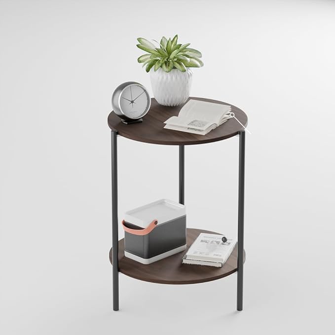 Side Table, Round End Table with 2-Layer Storage Rack, 15.7" Small Spaces Circle Table, Metal Frame Design Small Side Tables, for Living Room, Bedroom, Vintage Wood