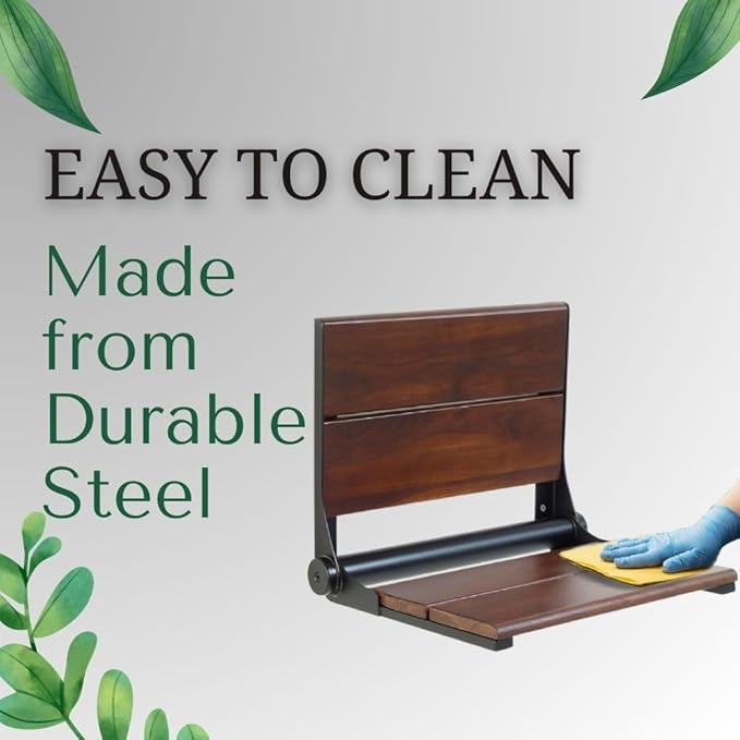 Walnut Shower Seat - Contour Wood / Folding Wall Mount Bench for Inside Shower / ADA Safety Aid / 304 Stainless Steel / Matte Black / 26" x 16"