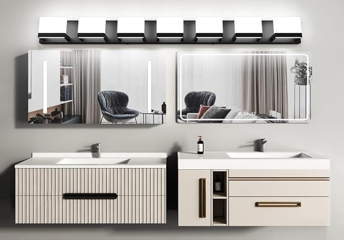 Tipace LED Modern Bathroom Vanity Light Fixtures, 7 Lights Black Vanity Lighting for Bathroom Wall Lights Up and Down LED Light Fixtures Over Mirror(White 6000K)