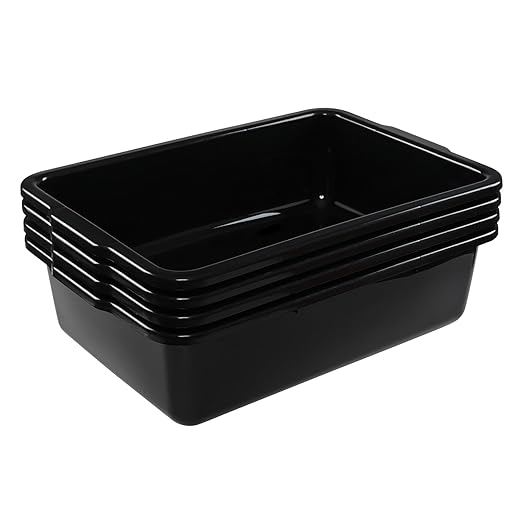 23 Liter Commercial Bus Trays, Black Plastic Bus Tubs Tote Boxes Set of 4
