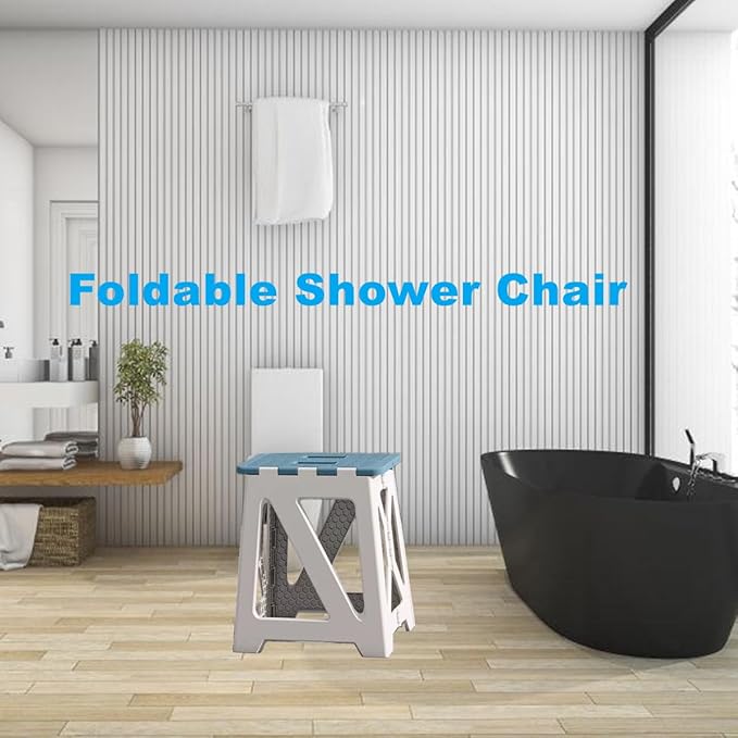 Foldable Bath Shower Safety Chair Seat Grey, Foldable and Anti-Slip Bench Bathtub Stool for Elderly or Seniors (Foldable ShowerChair 15.7" H Grey, Seat Size 12.4" x 8.3“