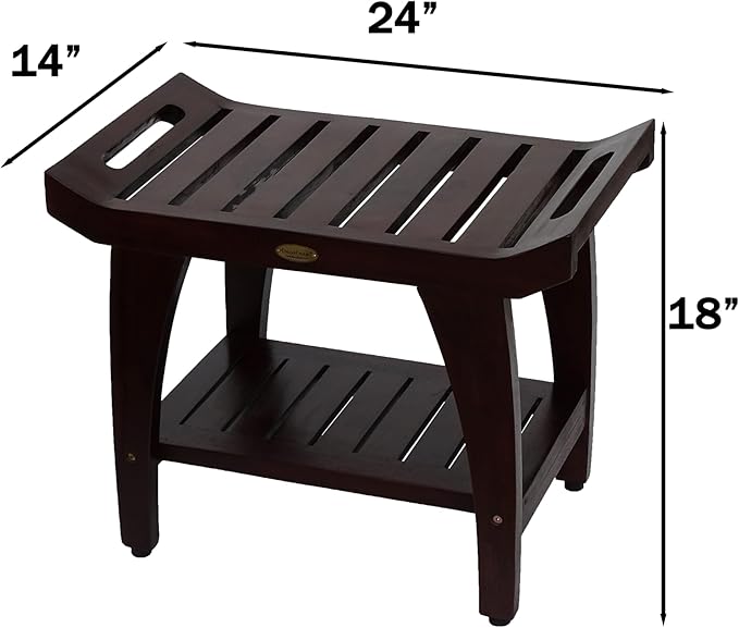 DecoTeak Tranquility 24 Inch Brown Waterproof Teak Wood Shower Bench Stool Seat Chair for Inside Shower Provides Safety, Storage, and Organization for Bathroom Accessories