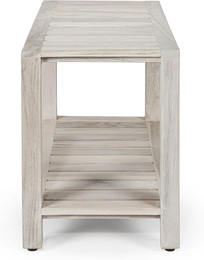 TeakCraft Gray Teak Shower Bench with Shelf 24 Inch for Bathroom, Spa - Fully Assembled, Shower Stool, Rustic Gray Finish, The Luni