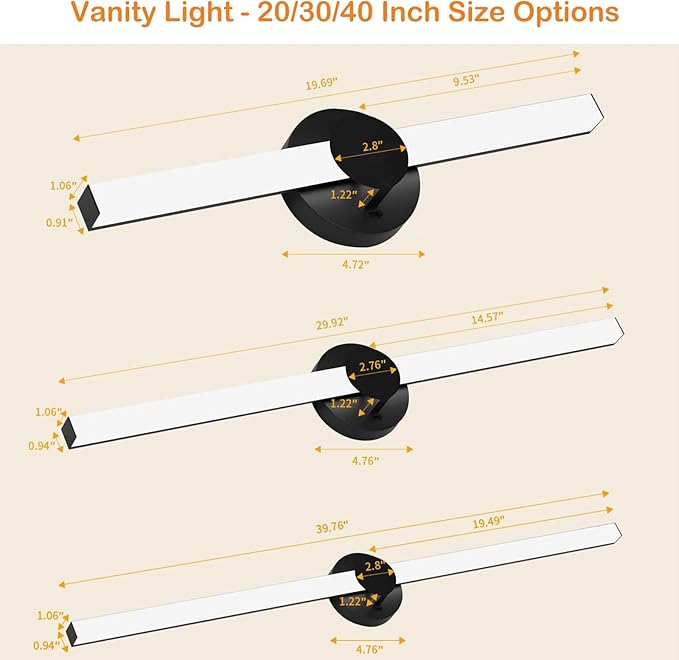 Bathroom Lighting Fixtures Over Mirror: 40 Inch Rotatable Bathroom Vanity Light ETL Listed - Modern Black Vanity Lighting Fixtures 5700K Cool White 3700LM 45W IP44 - LED Vanity Light Dimmable(1 Pack)
