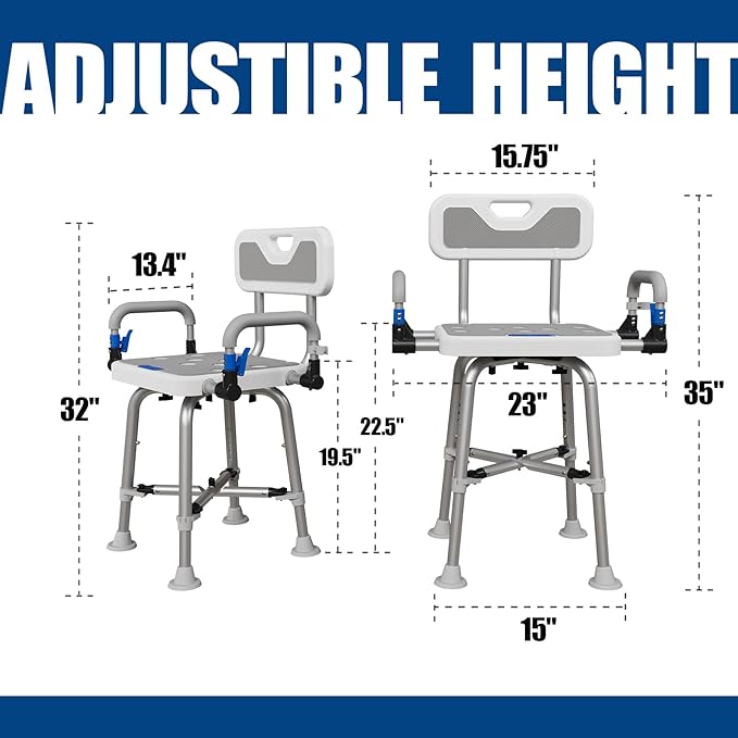 Shower Chair for Seniors Elderly Handicap Disabled Or Bariatric Adults Heavy Duty 500 Lbs Bench Seat for Inside Shower Stall and Bathroom Bath Tub with Arms and Back Adjustable Stool Chairs