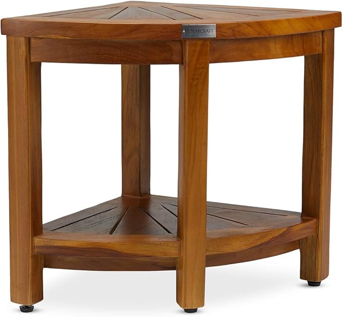 TeakCraft Teak Corner Shower Bench Seat for Bathroom - Waterproof Shower Stool - Fully Assembled, The Saga