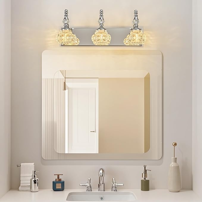 3-Light Vintage Bathroom Vanity Light Fixture Industrial Chrome with Glass Shade Vanity Light Fixtures Over Mirror Glass Bathroom Vanity Lighting Fixtures G9 Bulb Wall Lights