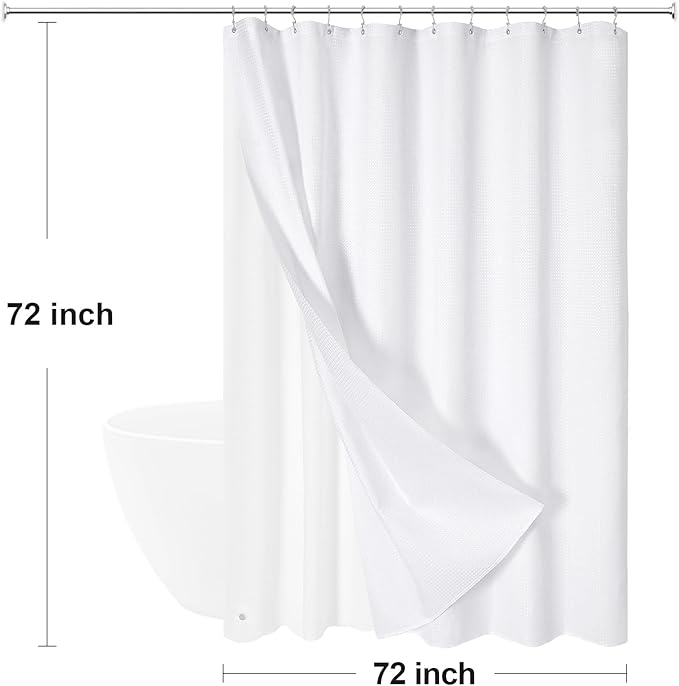 3 in 1 Shower Curtain Set, White Waffle Shower Curtain and PEVA Liner Set with 12 Double Sided Stainless Steel Shower Curtain Hooks, Waterproof Fabric Shower Curtains for Bathroom, 72 x 72