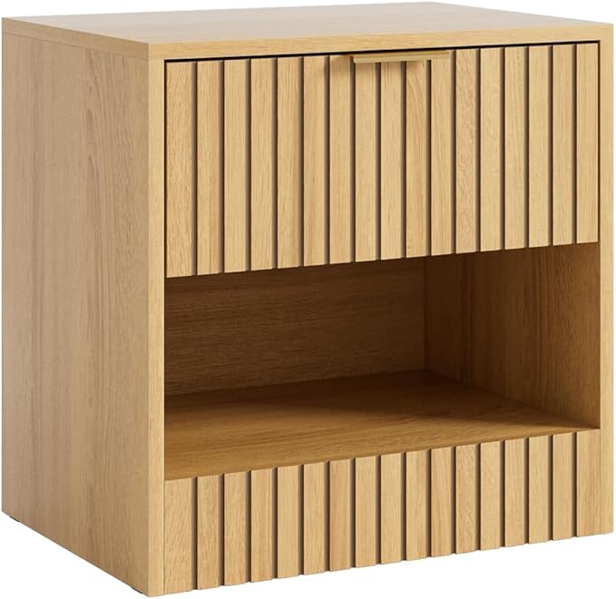 Small Nightstand, Modern Night Stand, Bedside Table with Drawer and Open Shelf, Cube Design, Small Side Table for Bedroom, Living Room, Oak