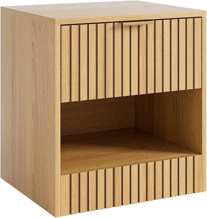 Nightstand, Modern Night Stand, Bedside Table with Drawer and Open Shelf, Cube Design, Side Table for Bedroom, Living Room, Oak