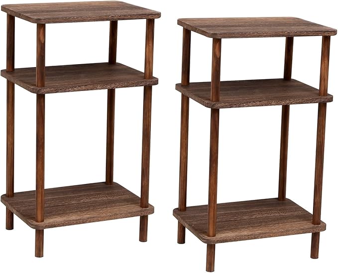 Side Table Set of 2, Wooden 3-Tier Narrow End Tables, Rustic Brown Nightstand Sofa Side Table Used for Small Spaces, Living Room, Bedroom