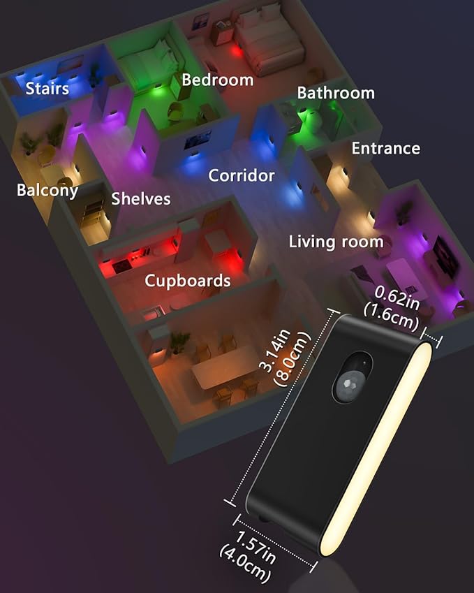 WILLED Stair Lights Indoor Rechargeable,RGB & Warm White Color Changing Night Light,Wireless Motion Sensor Lights Indoor for Stair,Bathroom,Hallway,Kitchen,Closet,Cabinet,Bedroom,Kids' Room