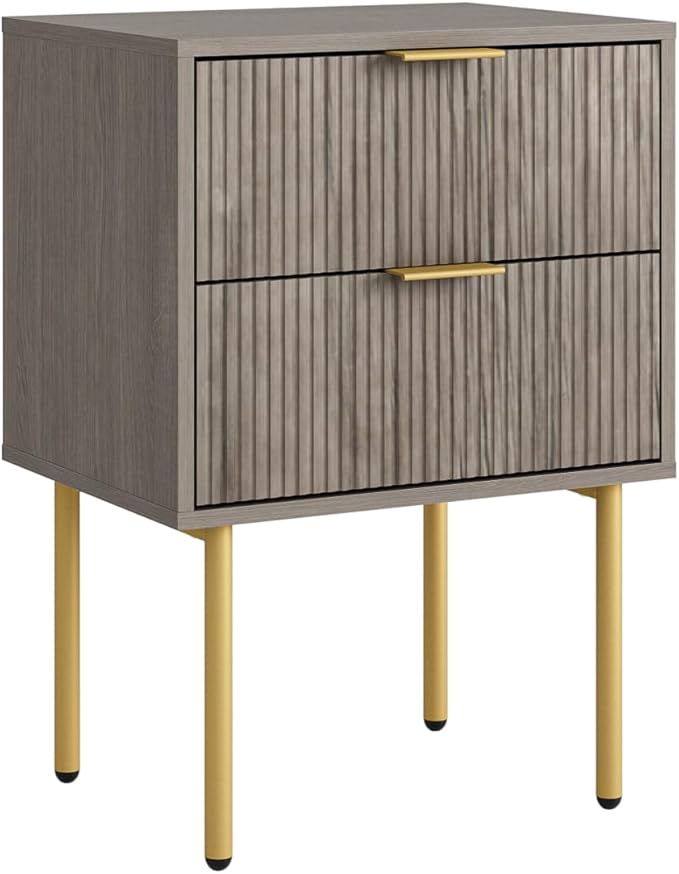 Masupu Night Stand,Mid-Century Modern Bedside Table with 2 Storage Drawer,Small Gold Frame Side End Table for Bedroom,Living Room, Grey