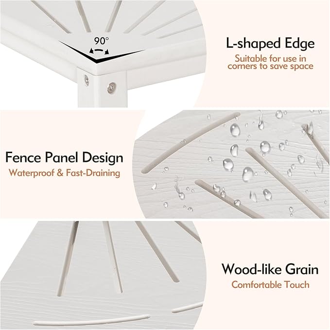 2-Tier Corner Shower Stool with Hooks & Soap Dish, HDPE Shower Bench for Shaving Legs, Wood-Like Shower Stool for Inside Shower with Non-Slip Foot Pads, Waterproof Shower Foot Rest (White)