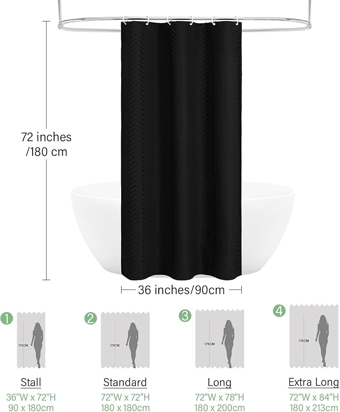 3D Embossed Pattern Shower Curtain, Simple and Chic Pattern Vintage Curtain for Bathroom, Waterproof Fabric Shower Curtains with Hooks, 36 W x 72 H, Black