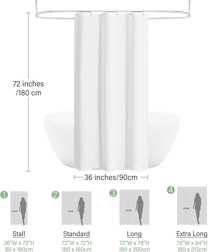 3D Embossed Pattern Shower Curtain, Simple and Chic Pattern Vintage Curtain for Bathroom, Waterproof Fabric Shower Curtains with Hooks, 36 W x 72 H, White