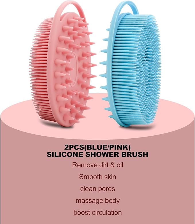 2 Pack Silicone Body Scrubber, Loofah Double-Sided Body Brush,Shower Scrubber and Scalp Massager Shampoo Brush for Sensitive Kids Women Men All Kinds of Skin (Pink & Blue)