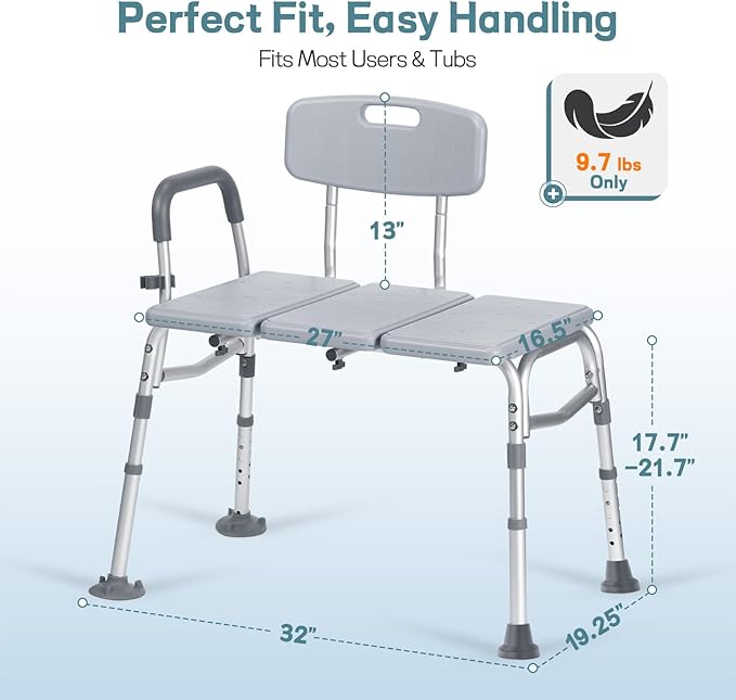 Tub Transfer Bench for Bathtub, 500lb Heavy Duty Shower Chair with Reversible Backrest & Padded Handle, Non-Slip Height Adjustable Bath Seat for Elderly & Disabled, Tool-Free Assembly