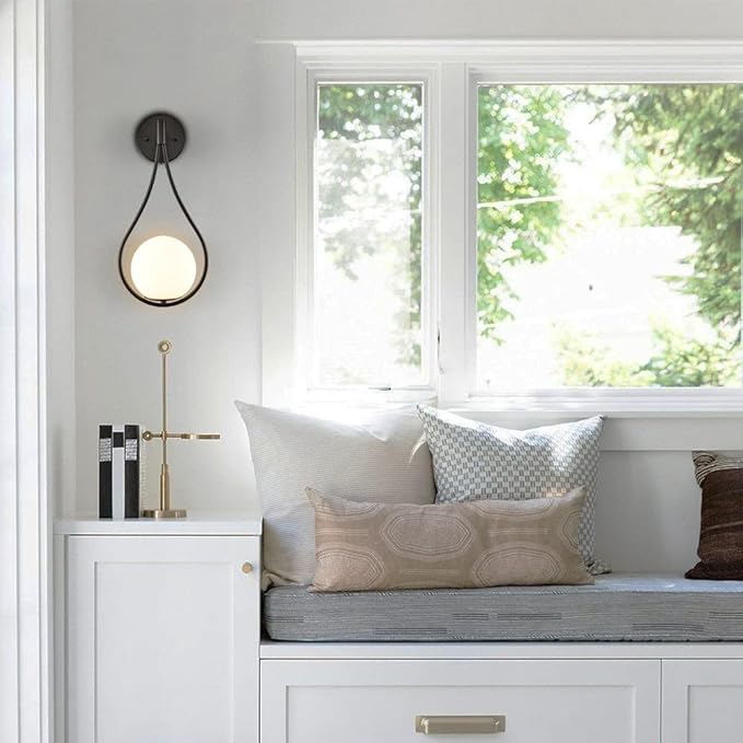 HOLKIRT Black Wall Sconces Set of Two Mid Century Modern Wall Light Fixtures for Bedroom Living Room Bathroom with White Opal Hand Blown Globe Glass