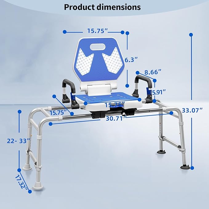 Sliding Shower Chair Swivel Tub Transfer Bench with Backrest with Non Slip Suction Cups 400lbs Weight Capacity Adjustable Height Shower Seat for Elderly Disabled Bathing Inside Shower