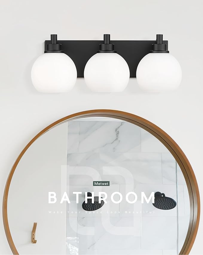Bathroom Light Fixtures, 3-Light Matte Black Vanity Light, Modern Wall Sconces with Milk White Globe Glass Shade, Vanity Lighting Fixtures Over Mirror, VL195-MB-ML-3