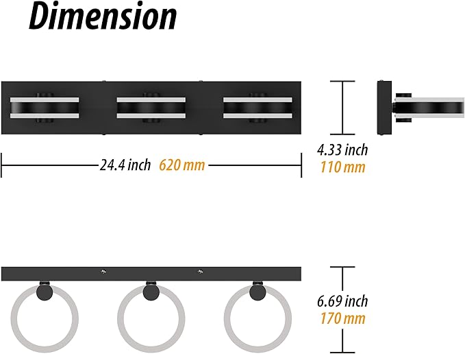 LED Bathroom Light Fixtures, 24inch Black Vanity Lights, Modern 3 Light Acrylic Wall Sconces, 350° Rotatable Wall Lighting Fixture Over Mirror