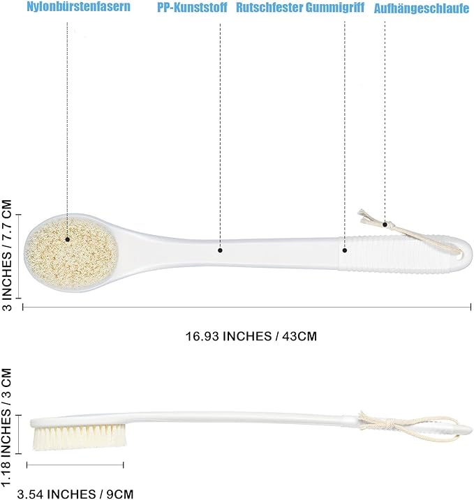 17-Inch Back Scrubber for Shower, Anti-Slip Exfoliating Body Brush for Bath, Gentle Back Brush for Shower for Men, and Women, Cleaning Skin for Smooth, Glowing Skin (White)