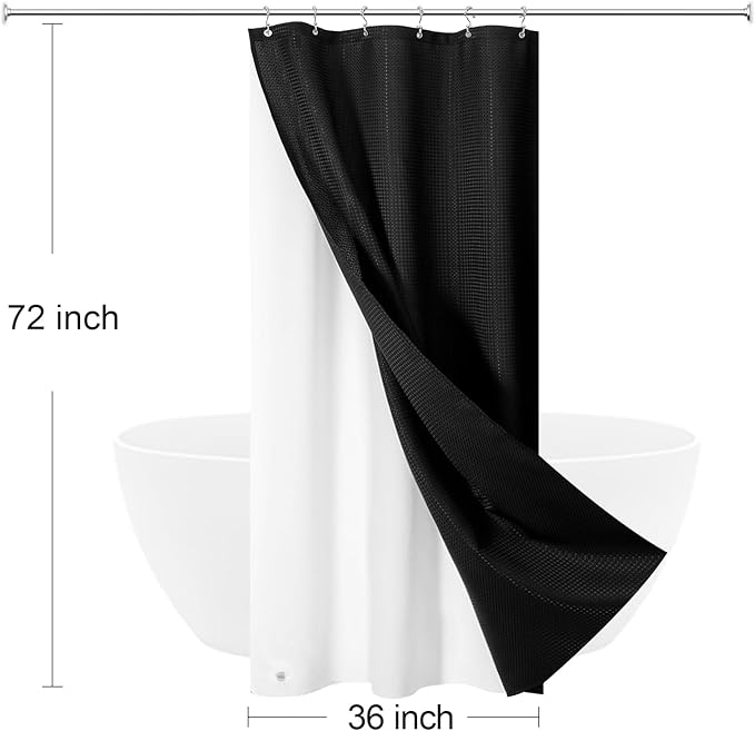 3 in 1 Stall Half Size Shower Curtain Set-36 W x 72 H, Black Waffle Waterproof Fabric and PEVA Liner Set with Stainless Steel Hooks