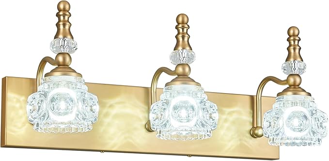 Modern Glass Crystal Vanity Light - Vintage Bathroom Lighting Fixtures Over Mirror, 3 Light Vanity Lights G9 Bulb (19.68 Inch,Brass)