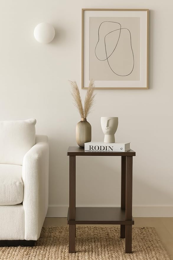 Retrograde Nightstand Side Table with Fluted Legs and Real Wood, for Night Stand, End Tables Living Room, Plant Stand Indoor, Nursery, Narrow Furniture, 2-Tiers, Easy Assembly, Dark Brown