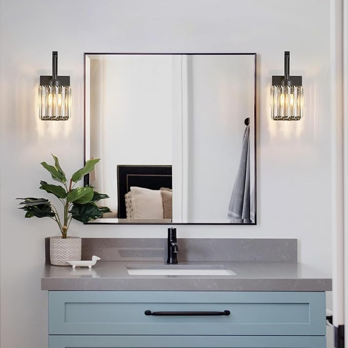 Wall Sconces, Set of 2 Black Crystal Vanity Lights, Modern Wall Lamp for Bathroom, Hallway, and Makeup, Easy Installation