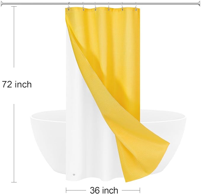 3 in 1 Stall Half Size Yellow Shower Curtain Set-36 W x 72 H, Modern Waffle Waterproof Fabric and PEVA Liner Set with Stainless Steel Hooks