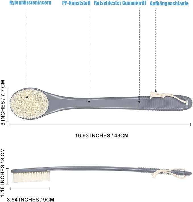 17-Inch Back Scrubber for Shower, Anti-Slip Exfoliating Body Brush for Bath, Gentle Back Brush for Shower for Men, and Women, Cleaning Skin for Smooth, Glowing Skin (Grey)