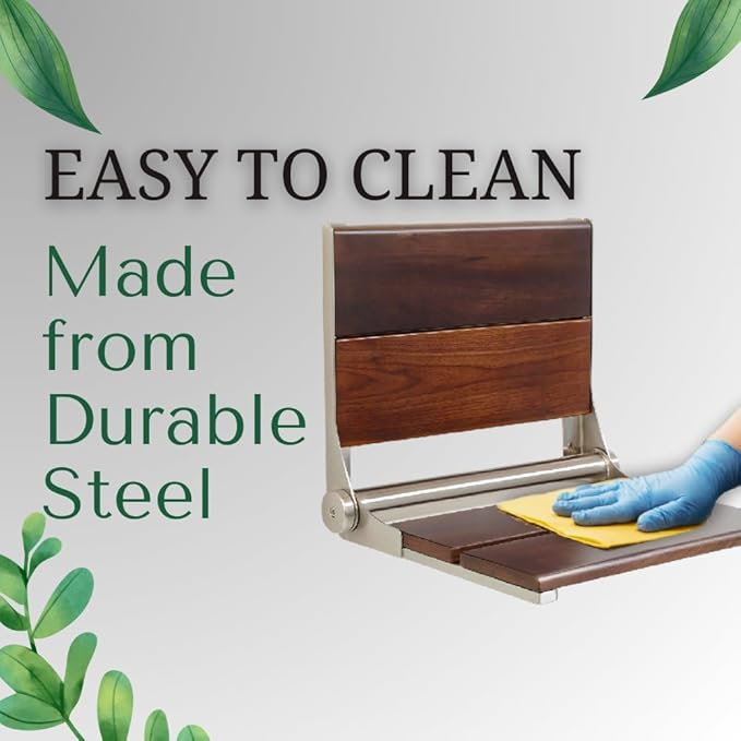 Folding Shower Seat Wall Mounted with Back | 500 lbs Maximum Load Capacity | ADA Compliant Safety Assist Teak Shower Seat for Seniors, Handicapped, and Children | 304 Stainless Steel Frame | 18” x 16”