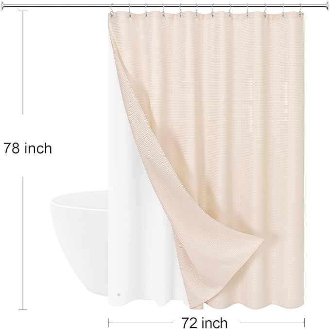 3 in 1 Long Blush Pink Shower Curtain Set-72 W x 78 H, Modern Waffle and PEVA Liner Set with 12 Stainless Steel Hooks, Waterproof Fabric for Bathroom