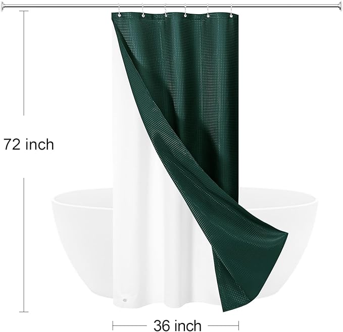 3 in 1 Stall Half Size Dark Green Shower Curtain Set-36 W x 72 H, Modern Waffle Waterproof Fabric and PEVA Liner Set with Stainless Steel Hooks