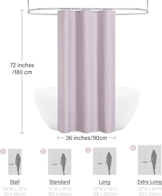 3D Embossed Pattern Shower Curtain, Simple and Chic Pattern Vintage Curtain for Bathroom, Waterproof Fabric Shower Curtains with Hooks, 36 W x 72 H, Lavender