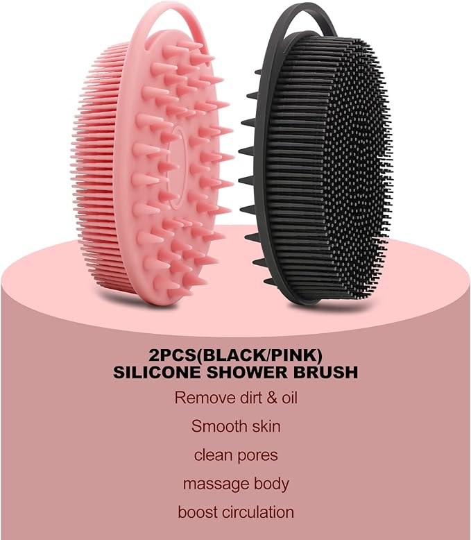 2 Pack Silicone Body Scrubber, Loofah Double-Sided Body Brush,Shower Scrubber and Scalp Massager Shampoo Brush for Sensitive Kids Women Men All Kinds of Skin (Black & Pink)