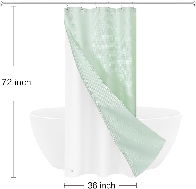 3 in 1 Stall Half Size Mint Green Shower Curtain Set-36 W x 72 H, Modern Waffle Waterproof Fabric and PEVA Liner Set with Stainless Steel Hooks