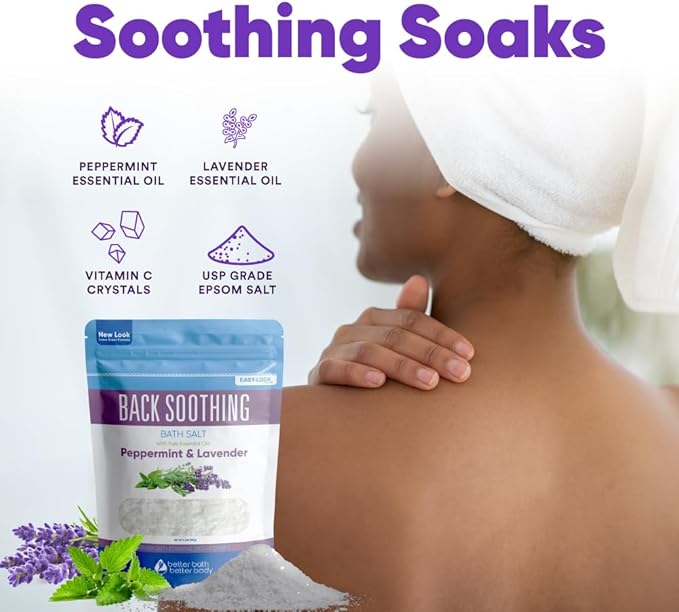 Back Soothing Bath Salt 32 Ounces Epsom Salt with Natural Bergamot, Lavender, Eucalyptus and Peppermint Essential Oils Plus Vitamin C in BPA Free Pouch with Easy Press-Lock Seal