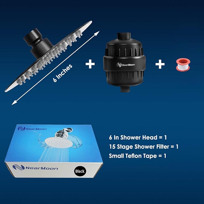 NearMoon Shower Head and 15 Stage Shower Filter Combo, High Pressure Filtered Shower for Hard Water, Improves the Condition of Your Skin, Hair (6 Inch, Black)