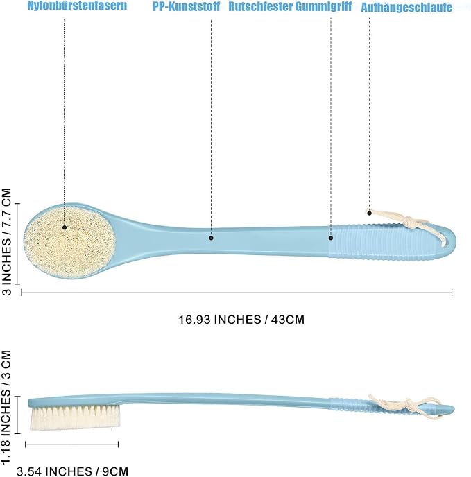 17-Inch Back Scrubber for Shower, Anti-Slip Exfoliating Body Brush for Bath, Gentle Back Brush for Shower for Men, and Women, Cleaning Skin for Smooth, Glowing Skin (Light Blue)
