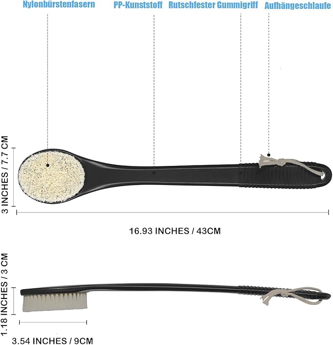 17-Inch Back Scrubber for Shower, Anti-Slip Exfoliating Body Brush for Bath, Gentle Back Brush for Shower for Men, and Women, Cleaning Skin for Smooth, Glowing Skin (Black)