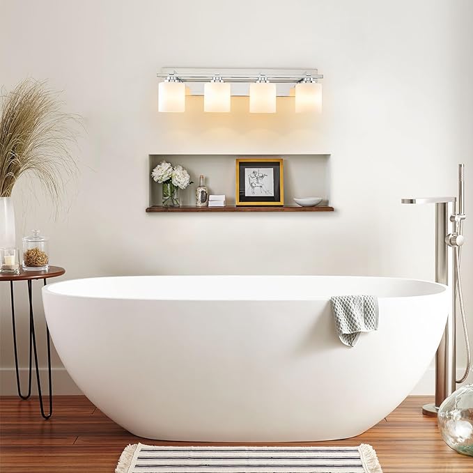 4 Light Modern Bathroom Light Fixtures Over Mirror, Chrome Vanity Lights for Bathroom Wall Sconces with Milky White Glass Shades, E26 Socket (Bulbs Not Included)