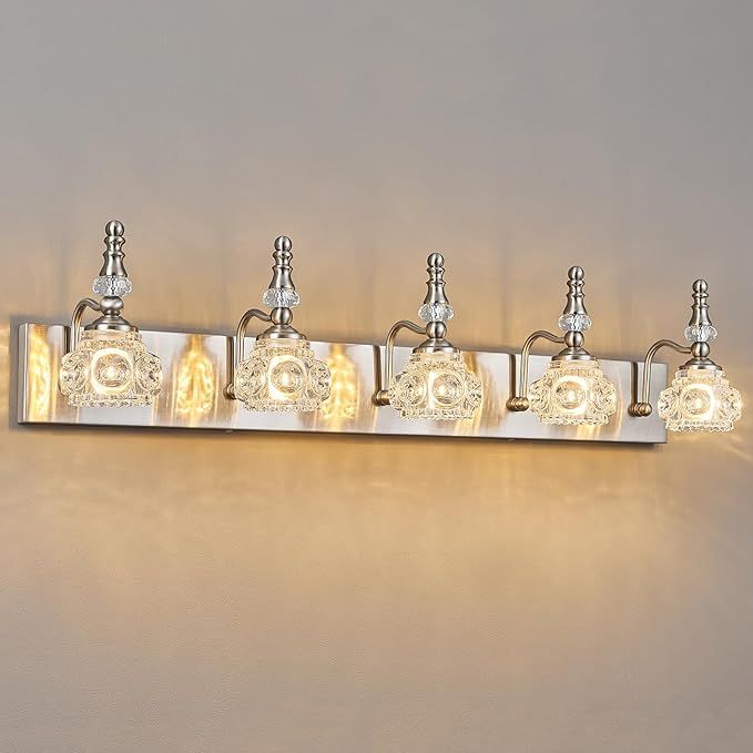 Modern Glass Crystal Vanity Light - Vintage Bathroom Lighting Fixtures Over Mirror, 5 Light Vanity Lights G9 Bulb (35.43 Inch, Nickel)
