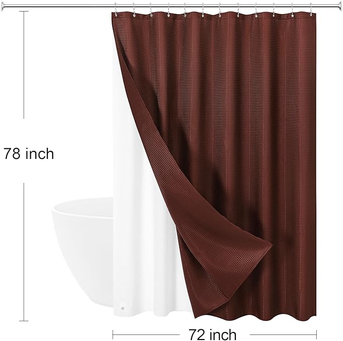 3 in 1 Long Brown Shower Curtain Set-72 W x 78 H, Modern Waffle and PEVA Liner Set with 12 Stainless Steel Hooks, Waterproof Fabric for Bathroom