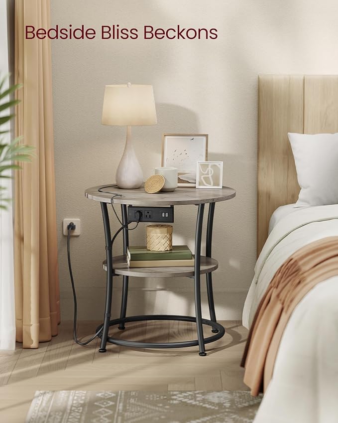 VASAGLE Side Table, 2-Tier Round End Table with Power Outlets, Nightstand with Steel Frame for Small Spaces, Living Room, Bedroom, Heather Greige and Ink Black ULET077L01